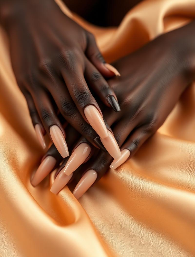 Long nude chrome acrylic nails on champagne silk